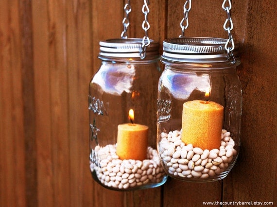 Mason Jar Lanterns Hanging Tea Light Luminaries - Set of 2