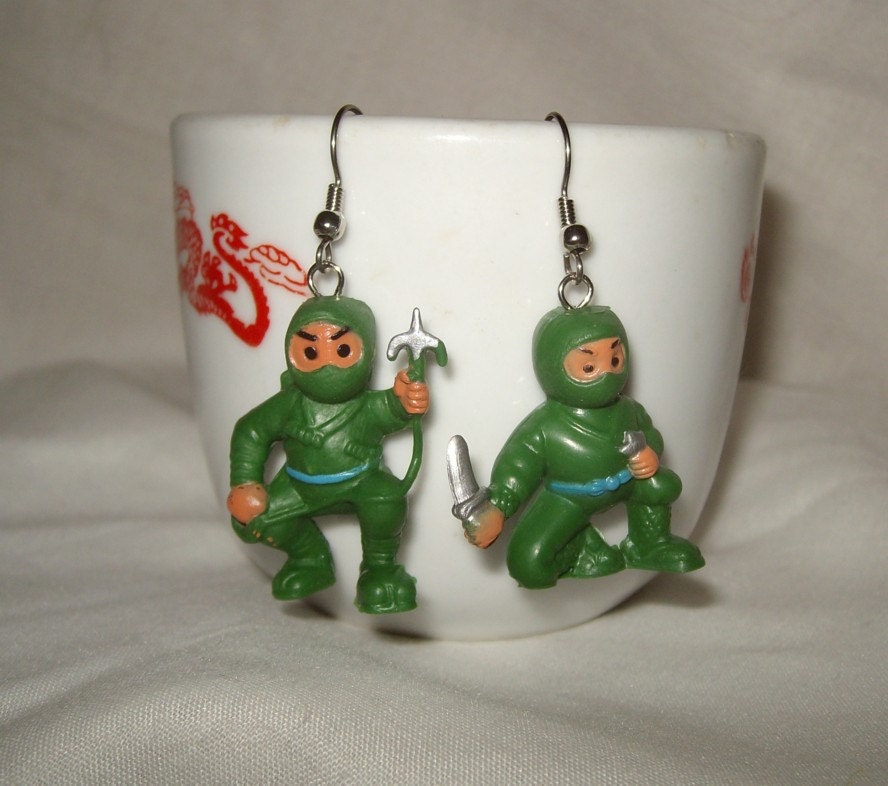 Tiny Ninja earrings rubber toy kawaii kitsch upcycled cute toys repurposed internet meme green