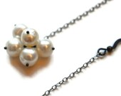 Freshwater Pearl Earrings, White Ivory Pearl Cluster, Long Dangle, Oxidized Sterling Silver Chain