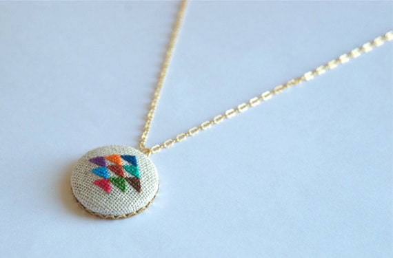 Golden Triangle Cross Stitched Embroidered Pendant Necklace