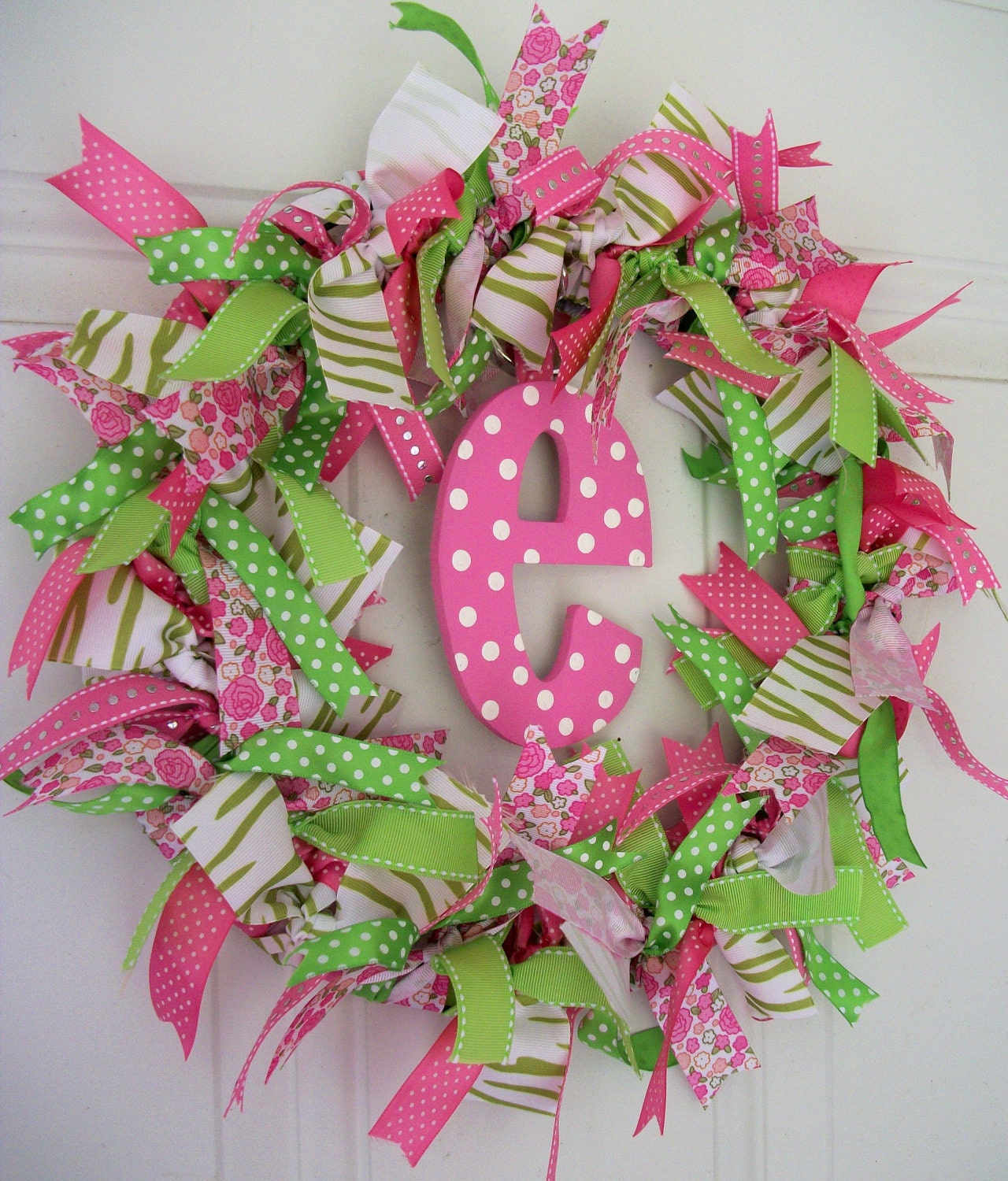 Pink and Green Polka Dot Ribbon Wreath