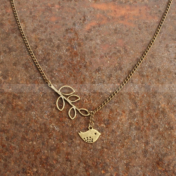 Bird necklace- charm necklace with leaves pendant, sweet gift for friends