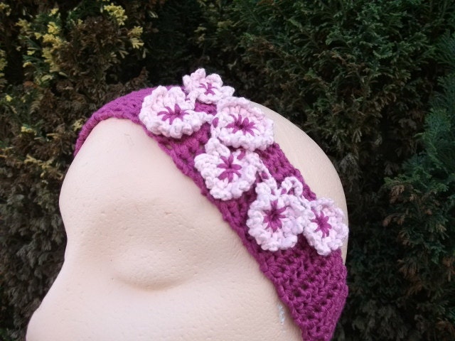 Crocheted Hairband/Headband in Raspberry & Pink Flowers. Hair Accessories, Eco Friendly Bamboo.