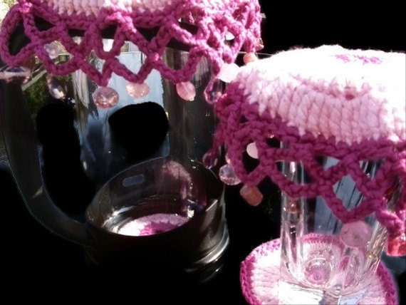 Beaded Glass Covers and Coaster Sets in Pink & Dk Pink. Eco Friendly, Spring, Summer, Picnics, Alfresco, Outdoor Dining.
