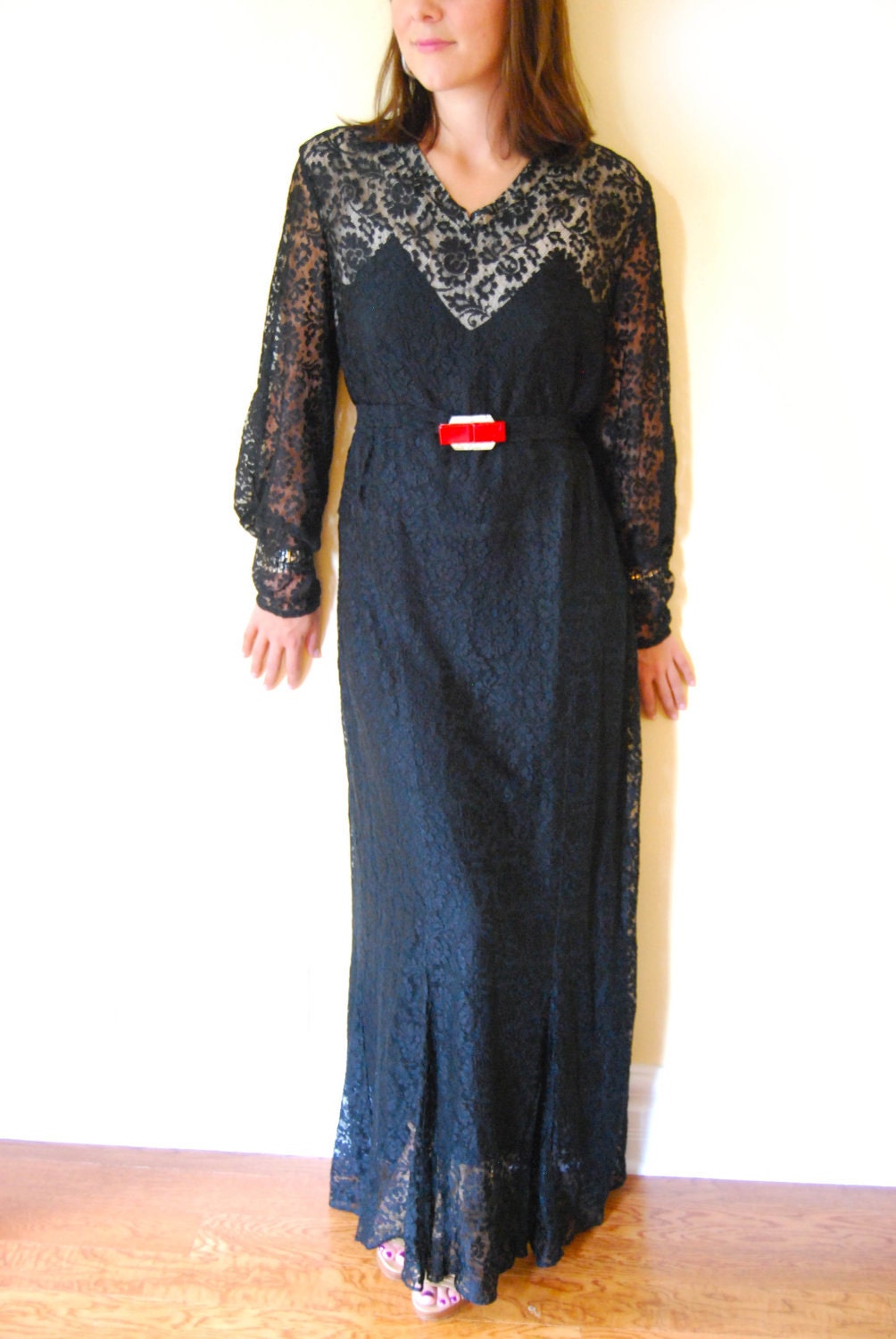 Vintage 30s Black Lace Belted Maxi Dress Sweetheart Neckline Extra Large XL
