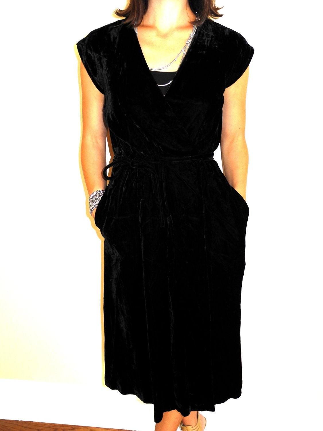 Vintage 50s 60s Black SAMARA Wrap Velvety Dress Coat Medium M