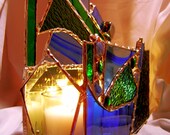 Reserved Original  Votive Candle Holder, Stained Glass, Blue, Green, Beveled
