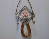 Free Shipping Pink Rose Square Beveled Abstract Sun Catcher With Copper Wire and Braid