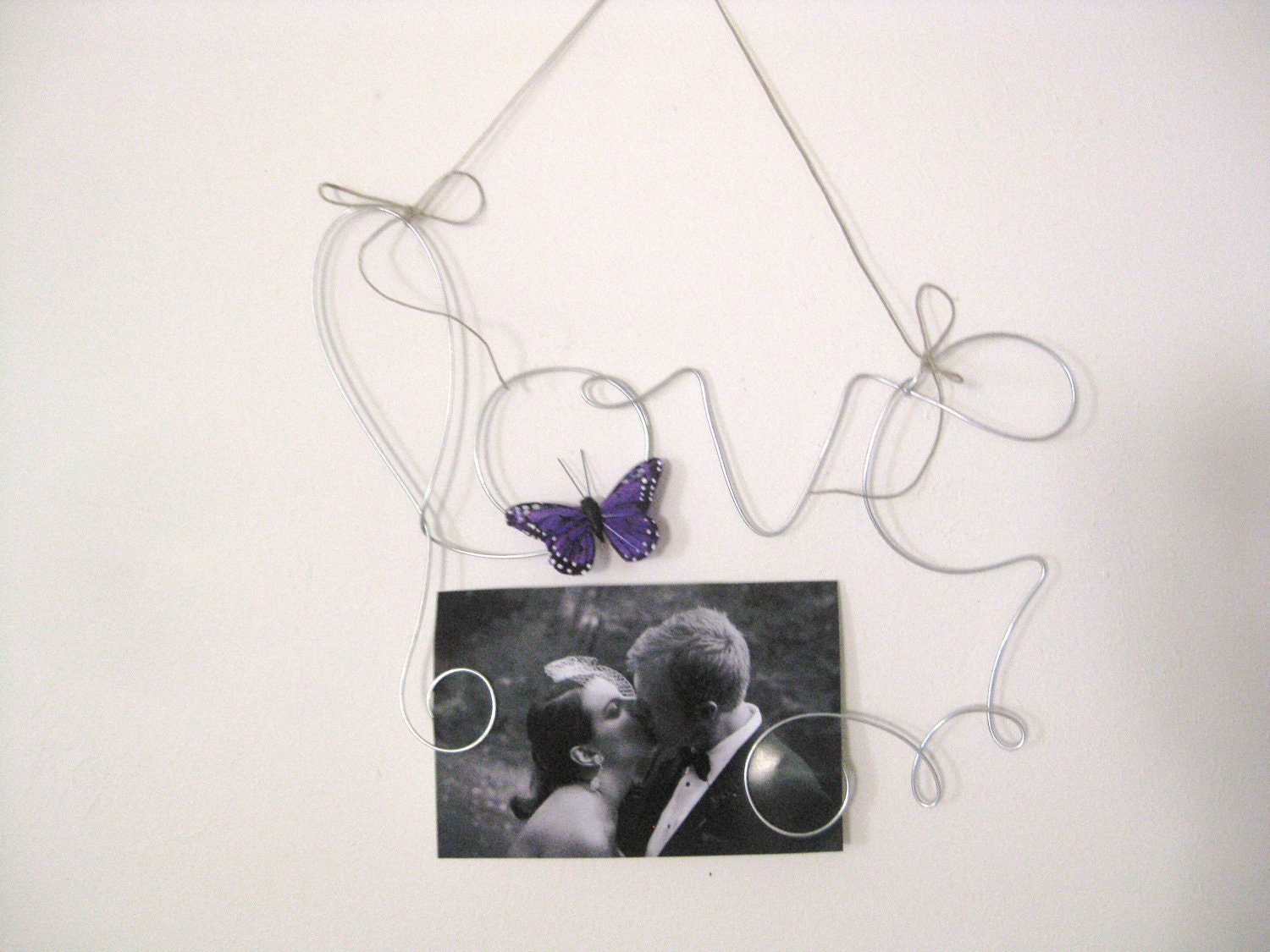 Photo Holder Love Wire Wall Hanging with Purple Butterfly, Wire Word Art, Picture Frame Decoration, 4x6 Photo, Wedding Gift