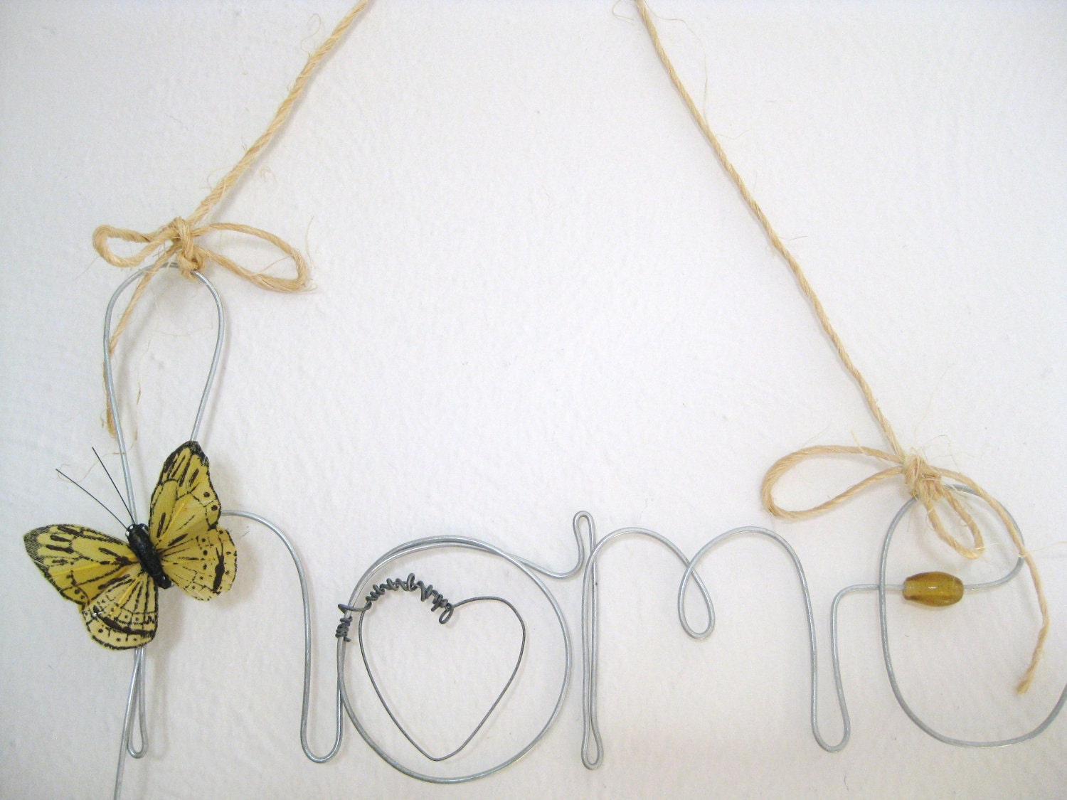 Home is Where the Heart is Decoration, Hanging Wire Word Picture Frame Photo Holder with Yellow Butterfly, Rustic, Housewarming Gift
