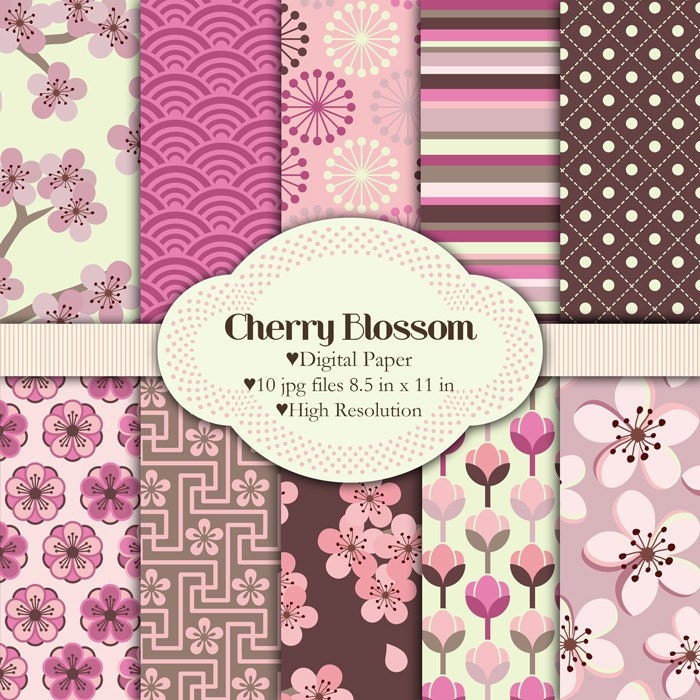 Cherry blossom - Japanese nature  - Digital - Printable paper set - 10 8.5"x11" files