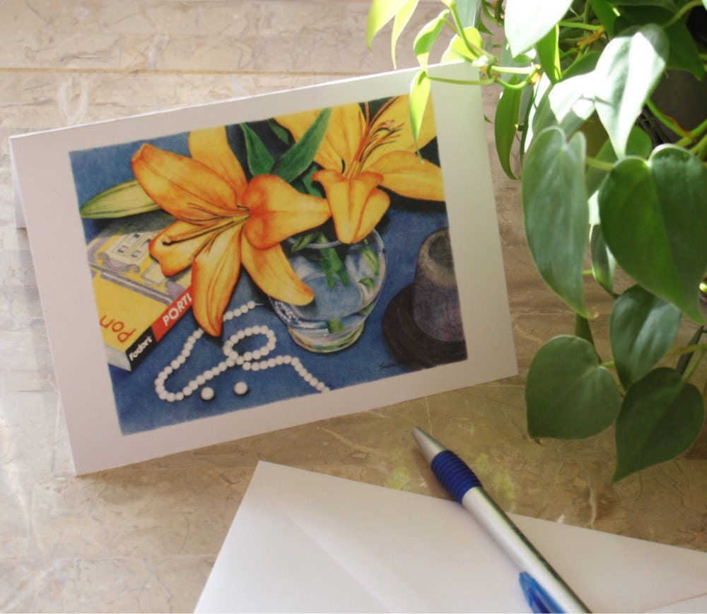 Three Note Cards Orange Flower Print