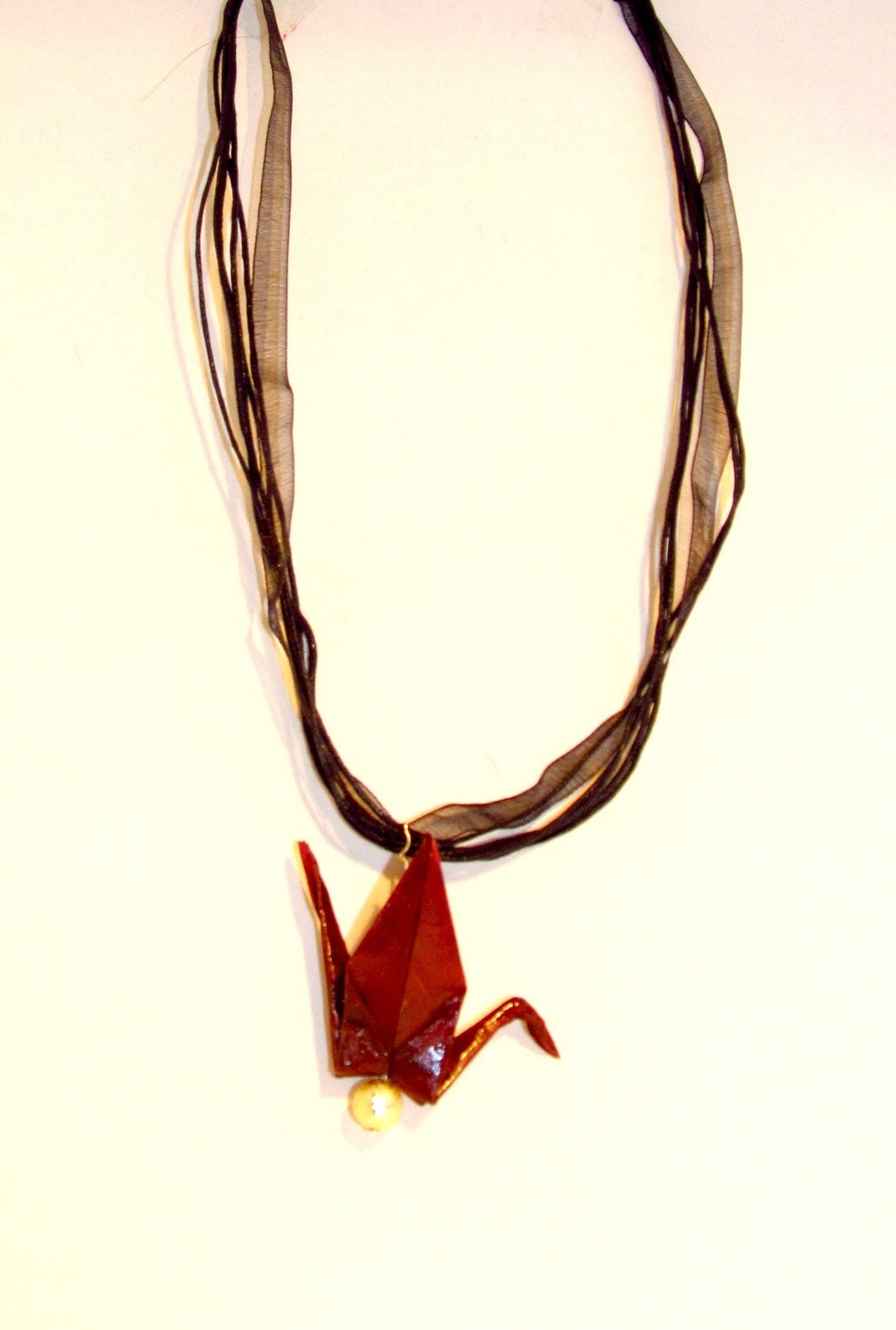 Origami Paper Crane Necklace - Red with Gold Foil Beads