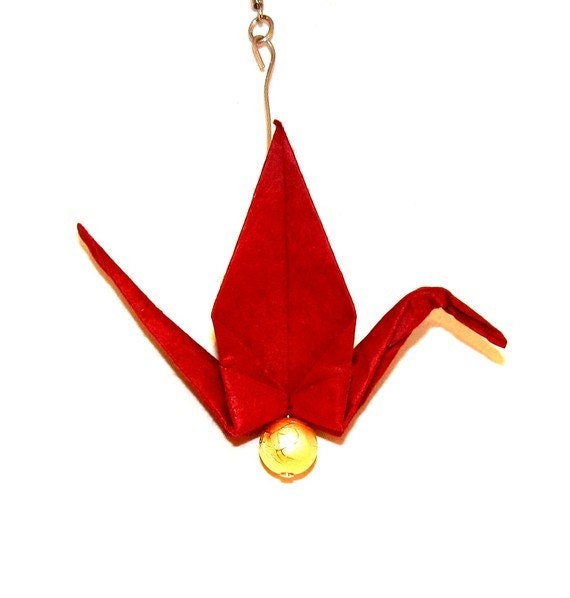 Origami Paper Crane Necklace - Red with Gold Foil Beads