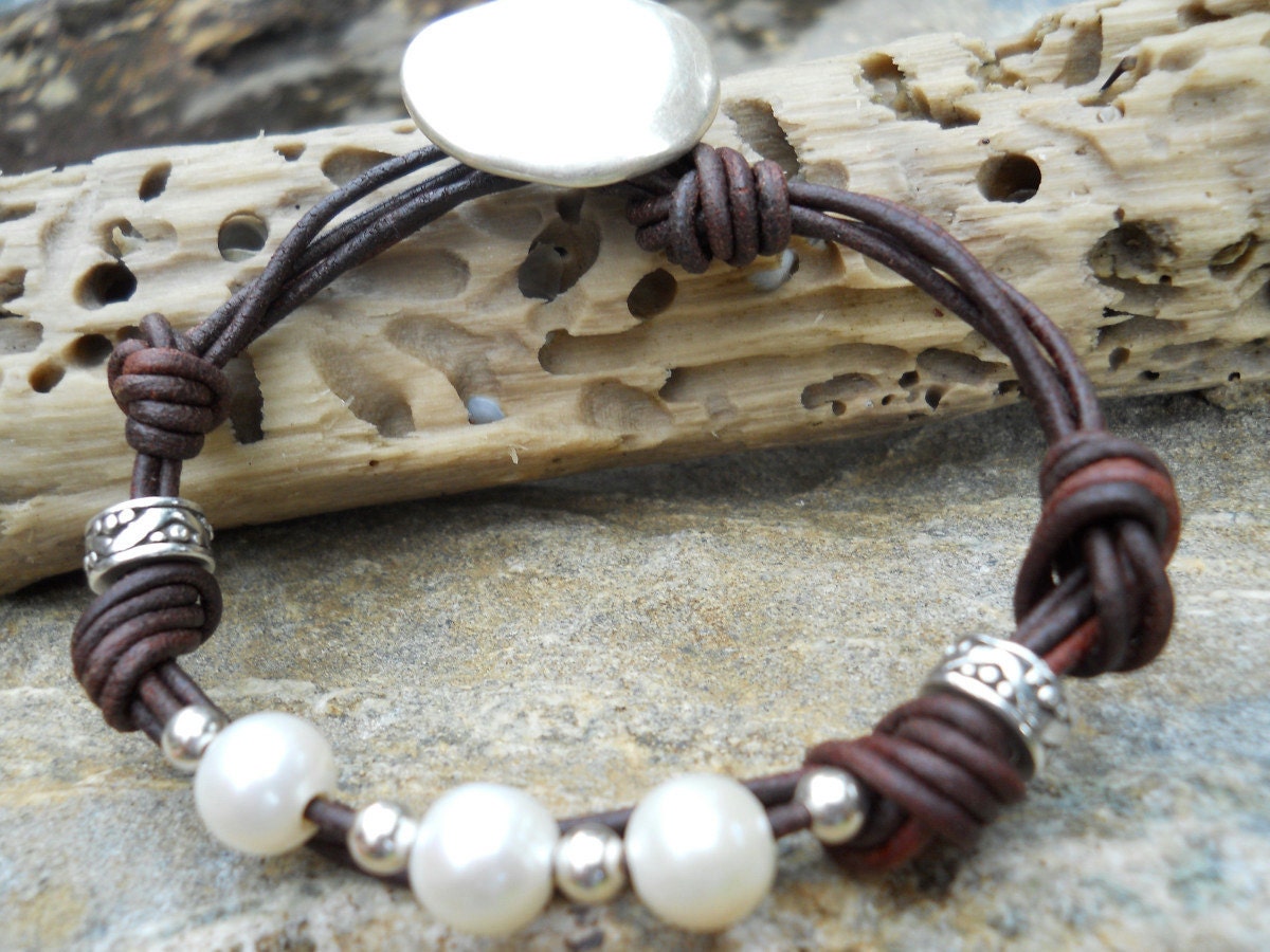 Sterling Silver & Freshwater Pearl Rustic Jewelry Antiqued Brown Leather Bracelet.