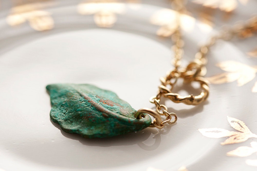 Verdigris Leaf Lariat Gold Ring Patina Leaf Necklace - N045