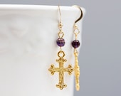 Gothic Floral Cross Earrings Purple Bead Cross Dangle Earrings Christian Religious Jewelry - E041