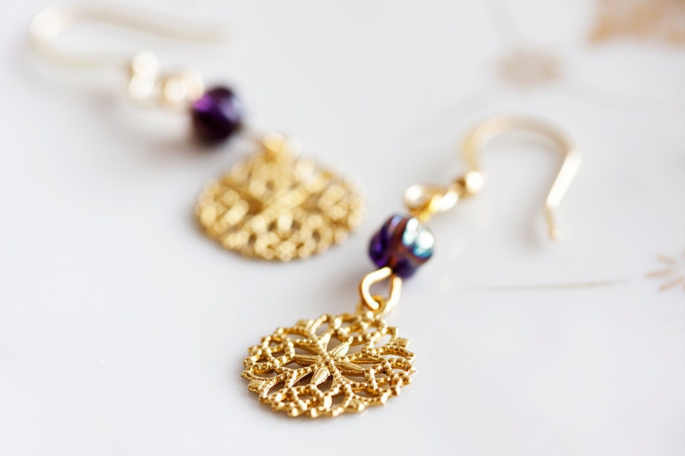 Floral Lace Earrings Round Star Coin Pendant Czech Purple Bead - E047
