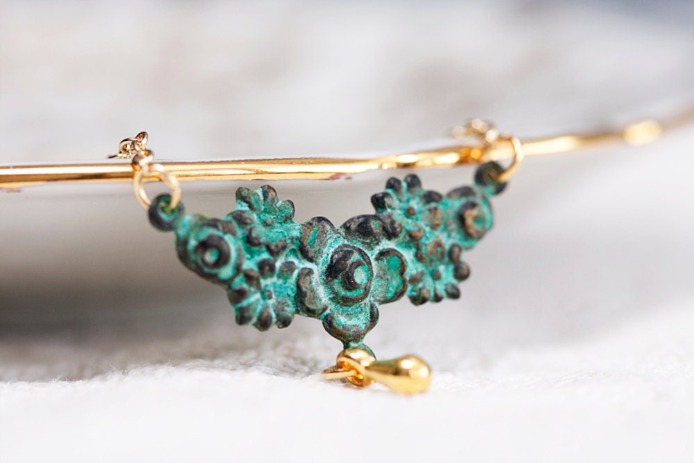 Patina Floral Necklace Gold Filled Chain Tear Drop Verdigris Flower Necklace Art Deco Jewelry - N099