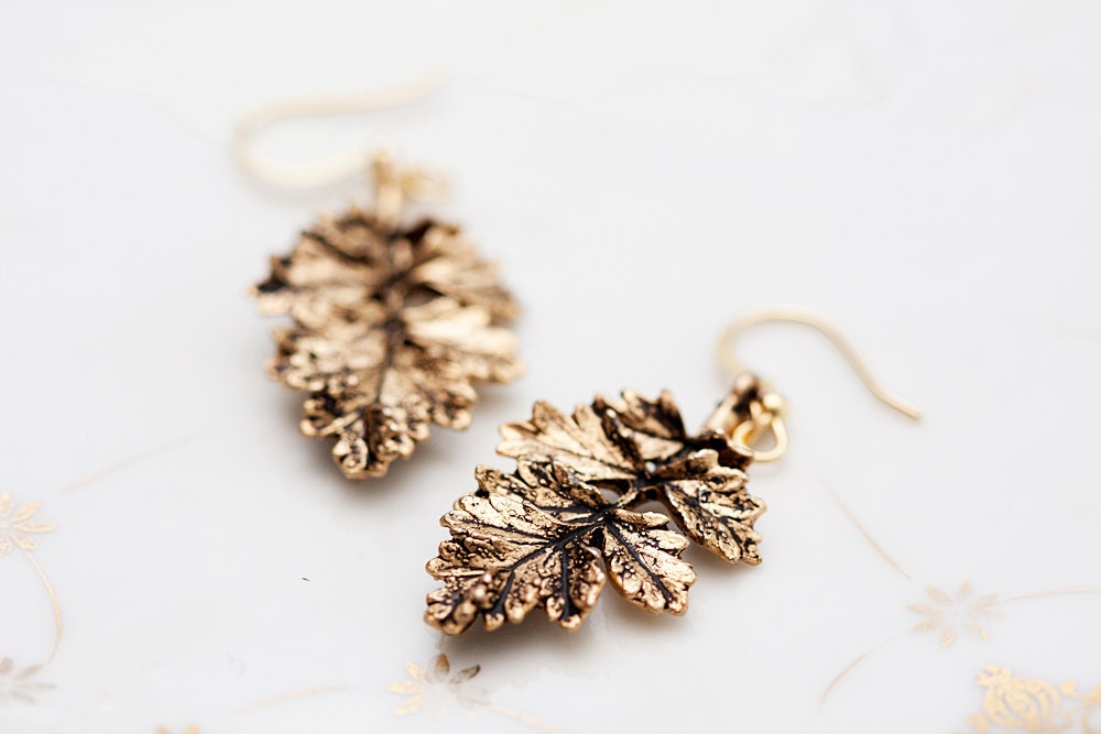 Antiqued Gold Leaf Earrings Autumn Leaf Branch Earrings Rustic Leaf Pendants Nature Leaf Fall Earrings - E101
