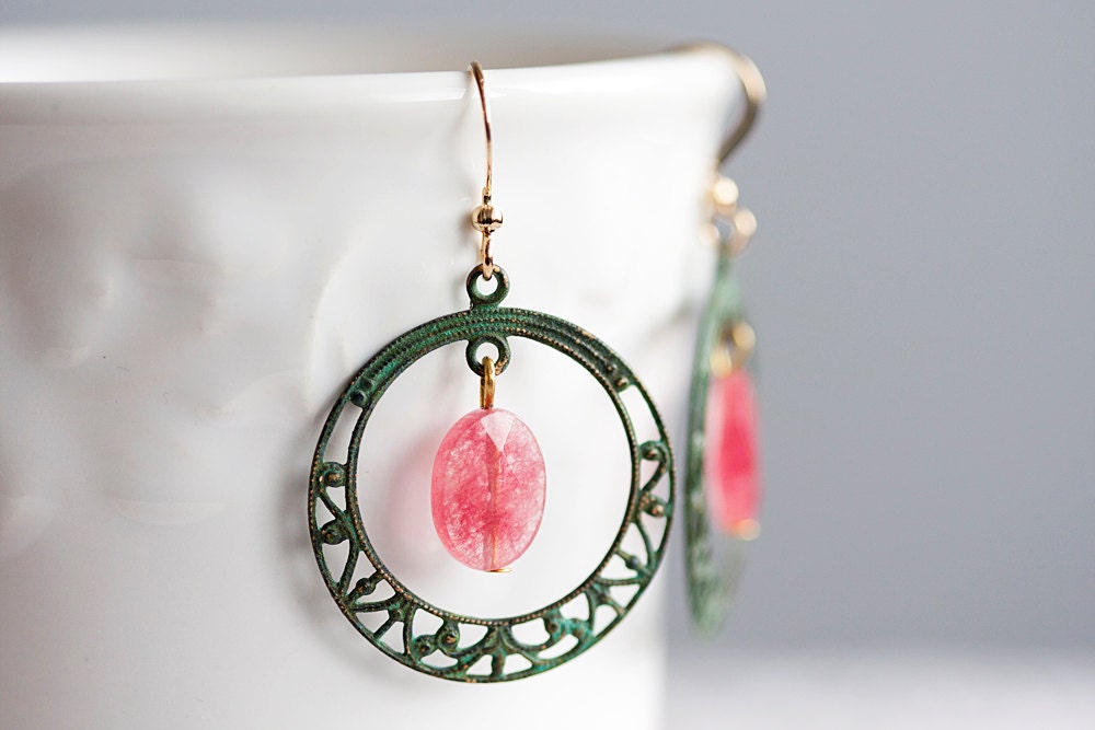 Pink Gemstone Hoop Earrings Patina Filigree Hoop Christmas Rose Drop Earrings Verdigris Dangle Earrings Patina Jewelry - E120