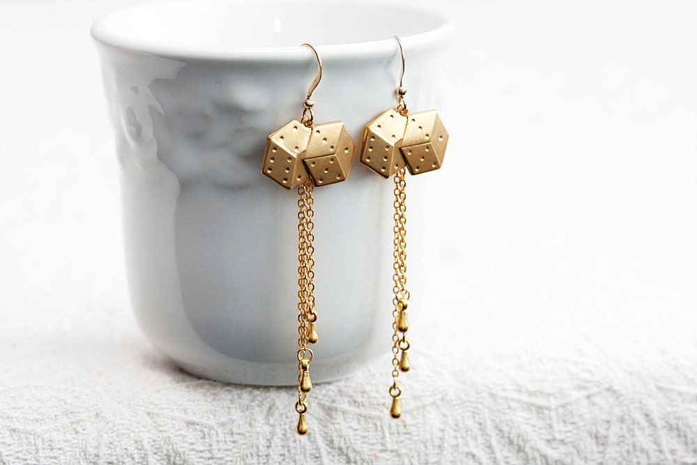 Long Chain Dice Earrings Brass Dice Charm Dangle Chain Earrings Modern Chic Earrings Fun Dice Jewelry - E180