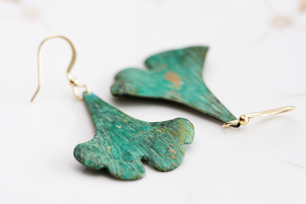 Vacation - Green Ginkgo Leaf Earrings Verdigris Patina Ginkgo Earrings - E077