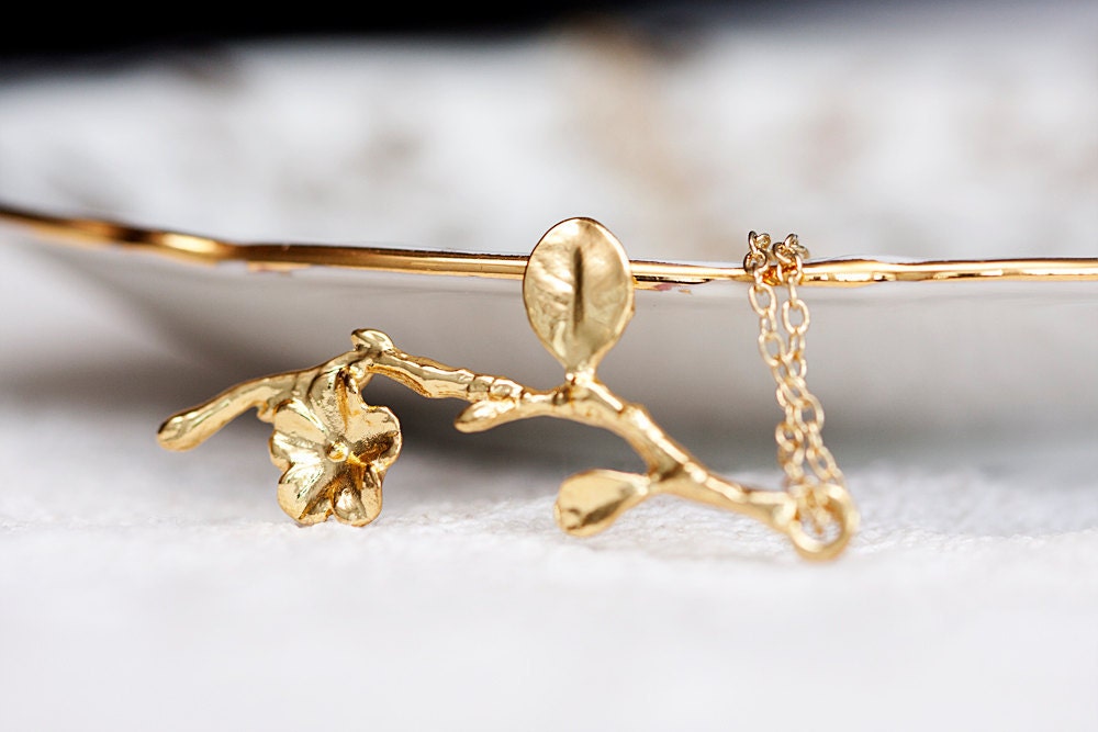 Plum Flower Branch Necklace Gold Cherry Blossom Branch Jewelry - N095