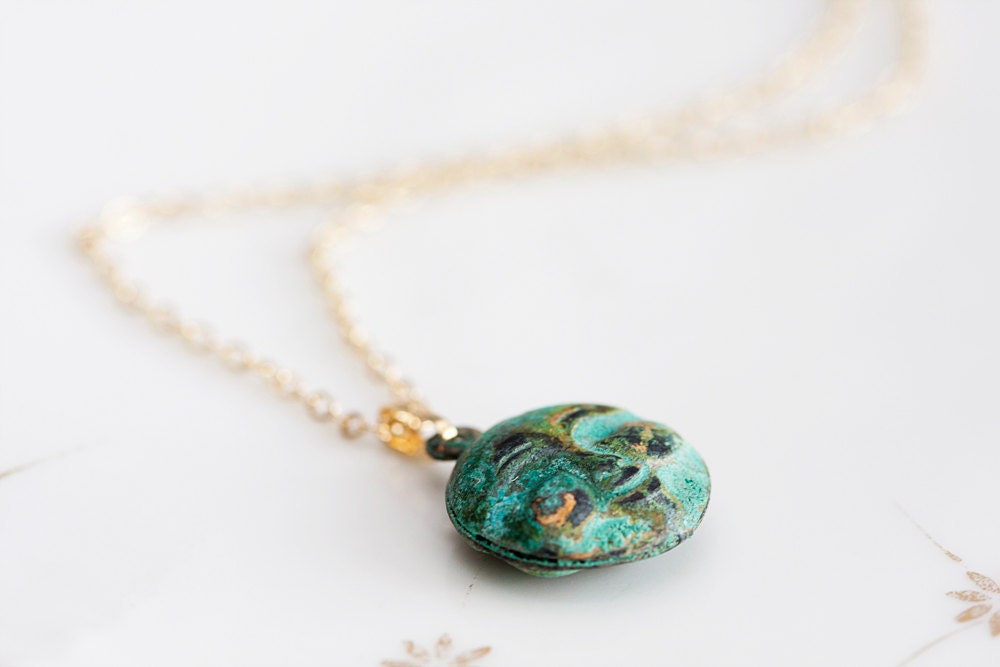 Patina Moon Necklace Verdigris Brass Smiling Face Pendant Moon Jewelry - N101