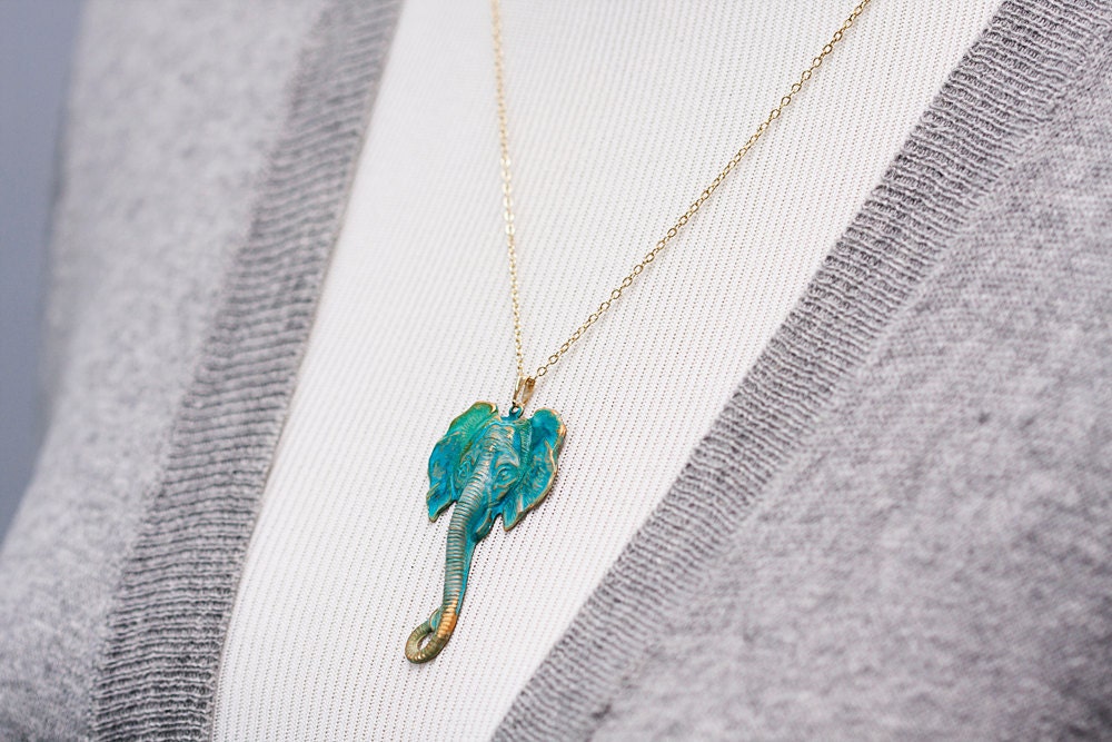 Patina Elephant Necklace Verdigris Elephant Patina Jewelry Animal Pendant - N148