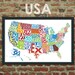 Typography Map of the United States - Multi-Colored - 11 x 17" Print