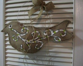 Burlap Bird Door Hanger Sea Glass blue and Celery Green