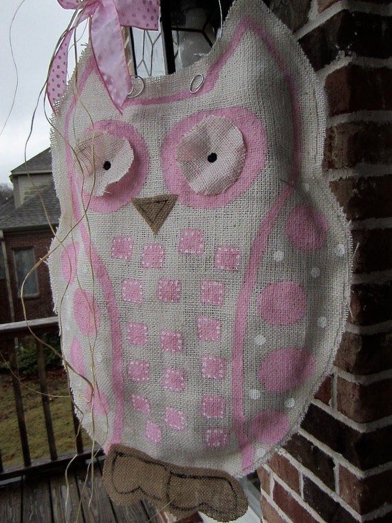 Owl Burlap Door Hanger Door Decoration Pink and White Baby Girl