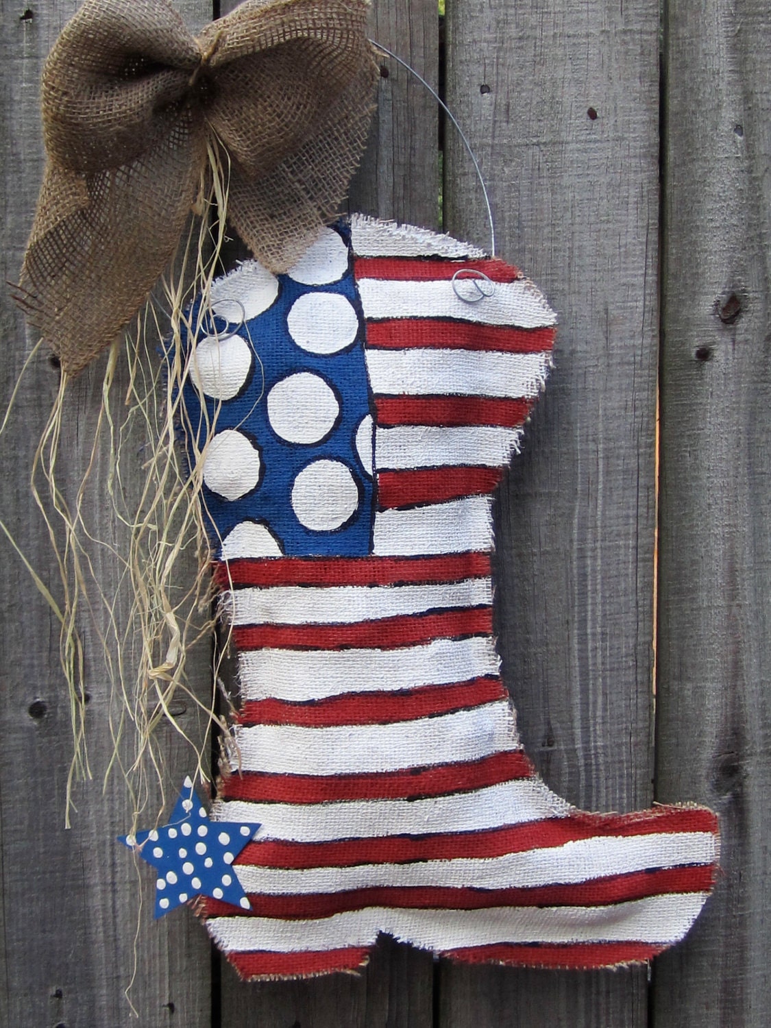 Burlap Cowboy Boot Burlap Door Hanger American Flag