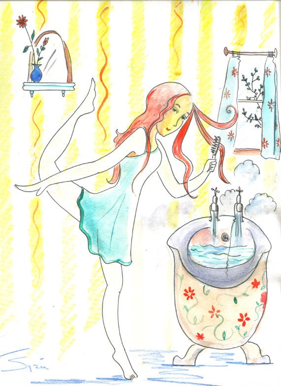 Original painting sketch fun quirky watercolor and ink bathroom art, whimsical, ballet before bath, line drawing