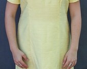 1970s Pale Yellow Dress, short sleeve beaded neck trim