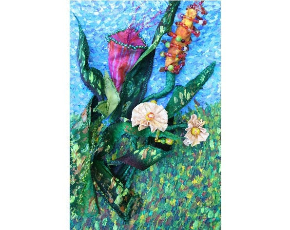 Original Acrylic Painting on Stretched Canvas - Swaying Meadow - Hand Beaded Fabric Flowers