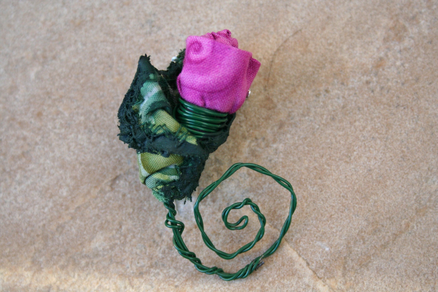 Brooch Hand Crafted Springtime Rose Bud - Sculpted Rose Bud Pin in Pink with Fabric Leaf and Wire Vine