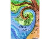 Matted ACEO - Inspirational Original Watercolor Collectible -  Brown Green Tree Blue Sky