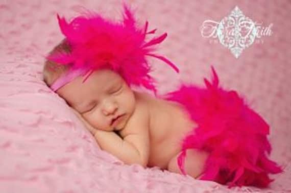 Hot Pink Feather Couture Diaper Cover Bloomer & Headband Fabulous Spring, Summer, Birthday, Cake Smash or New Baby Photo Session Prop
