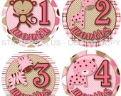 Monthly Onesie Stickers Baby Girl Pink Brown Jungle Safari Animals Giraffe Monkey Zebra Leopard Dots Stripes 1-12 Months Plus Just Born
