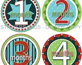 Monthly Onesie Baby Stickers Fun Boy Circles Blue Green Red Dots Stars Stripes Burst - 1-12 Months PLUS Just Born - Photo Prop - Gift