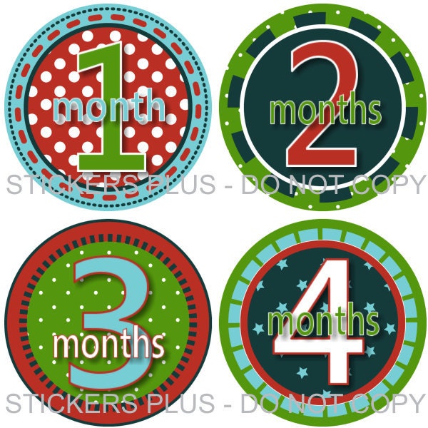Monthly Onesie Baby Stickers Fun Boy Circles II Blue Green Red Dots Stars - 1-12 Months Plus BONUS Just Born - Gift