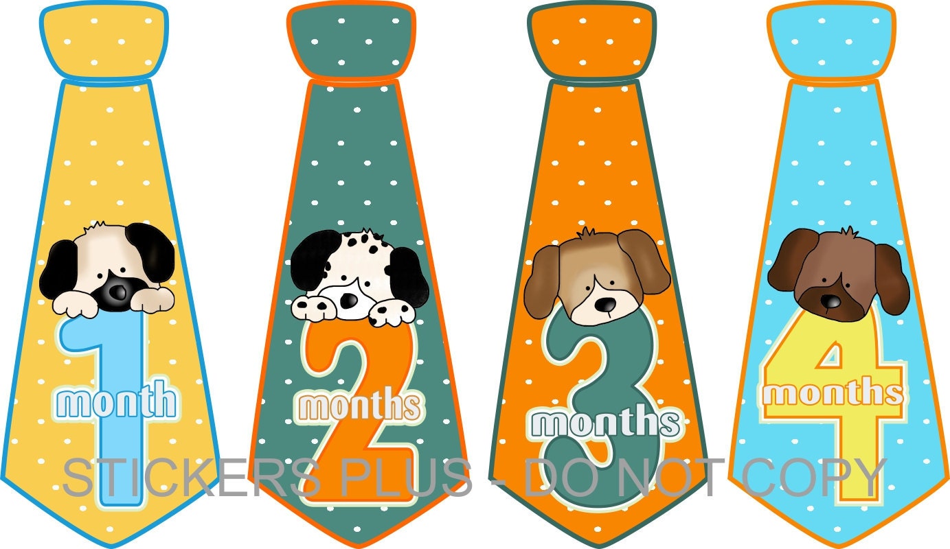 Baby Boy Monthly Onesie Stickers Necktie Neck Tie Puppy Dog Faces Blue Green Yellow Orange Dots - UNCUT 1-12 Months Plus Just Born - Gift