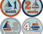 Baby Boy Monthly Onesie Stickers Plus Bonus Just Born - Sail Boat Blue Orange Grey Dots - 1-12 Months