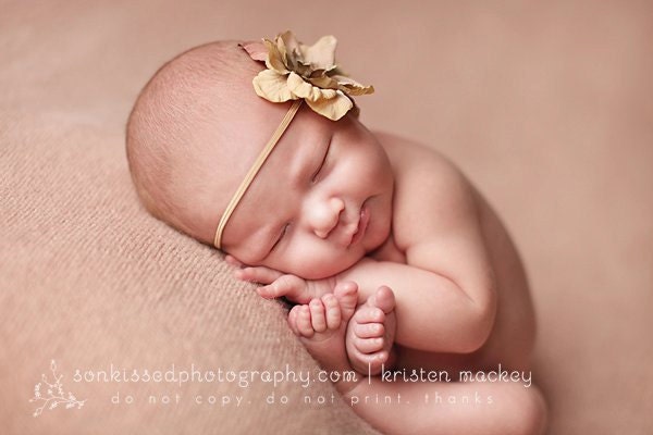Tan Flower Headband with Bead Accent - Perfect Photography Prop