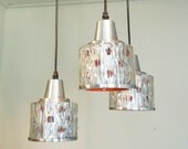 Fabulous 3-drop glass aluminum and orange pendant lamp from the 70s