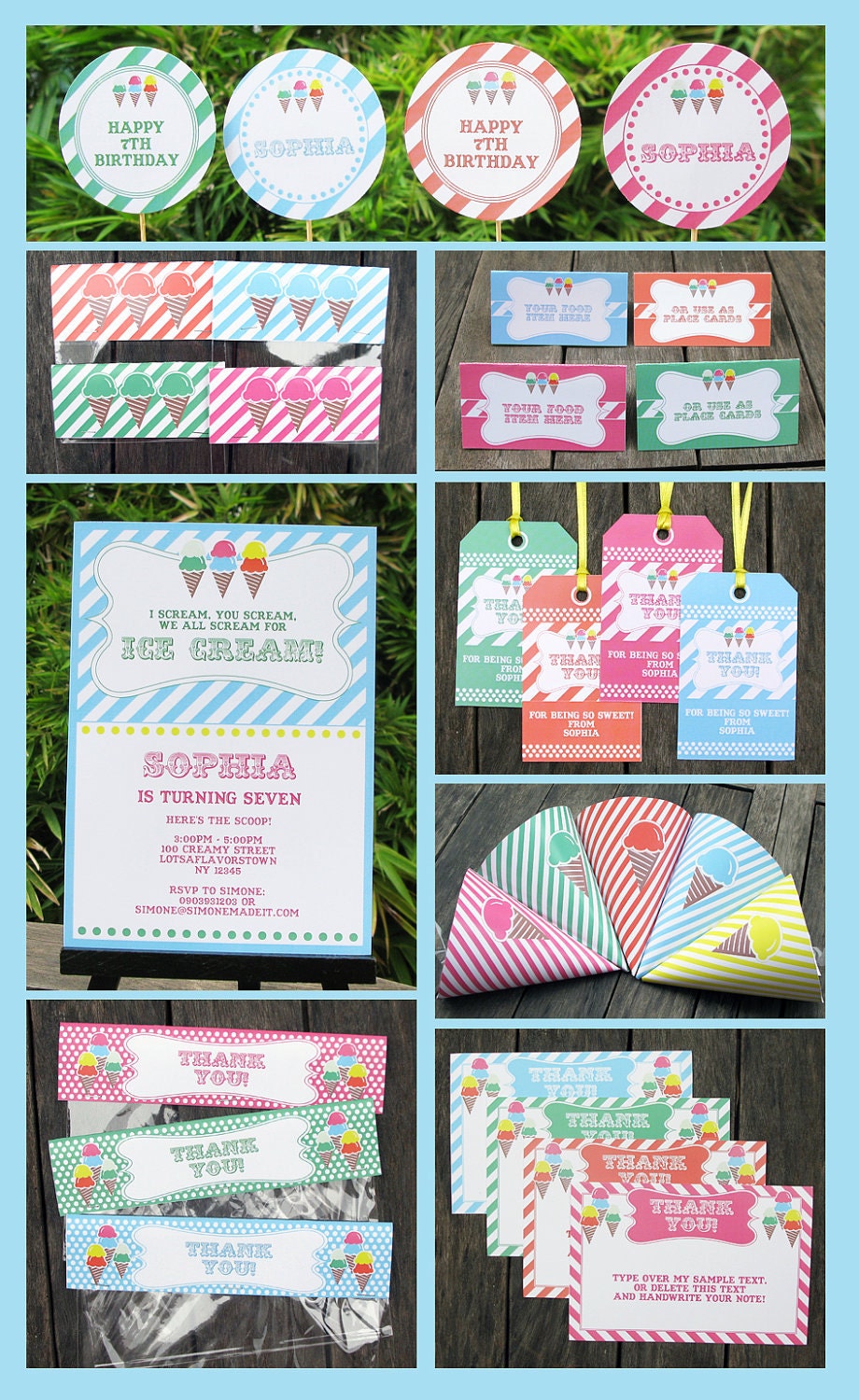 Ice Cream Party Invitation & Printable Birthday Collection, EDITABLE text PDF file - you personalize at home with Adobe Reader