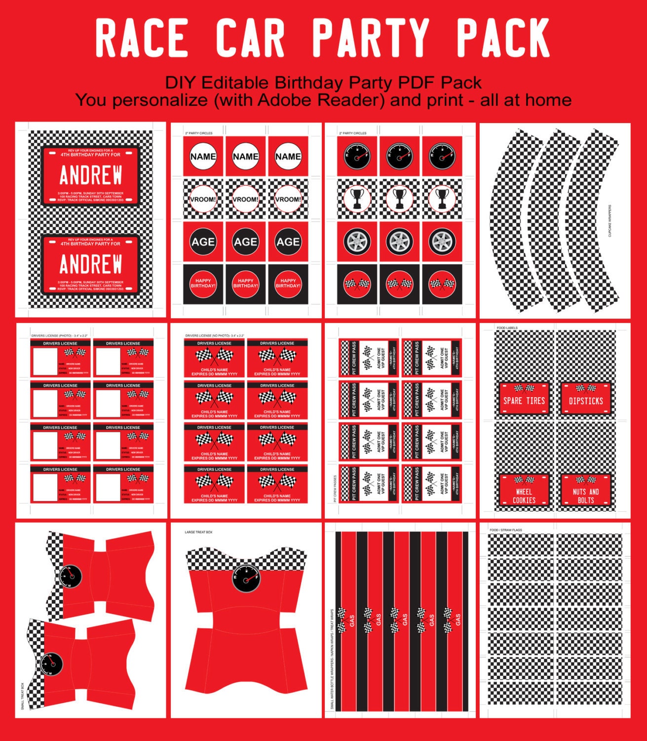 Race Car Birthday Party Invitation & Printable Party Collection, EDITABLE Text PDF file - you personalize at home with Adobe Reader