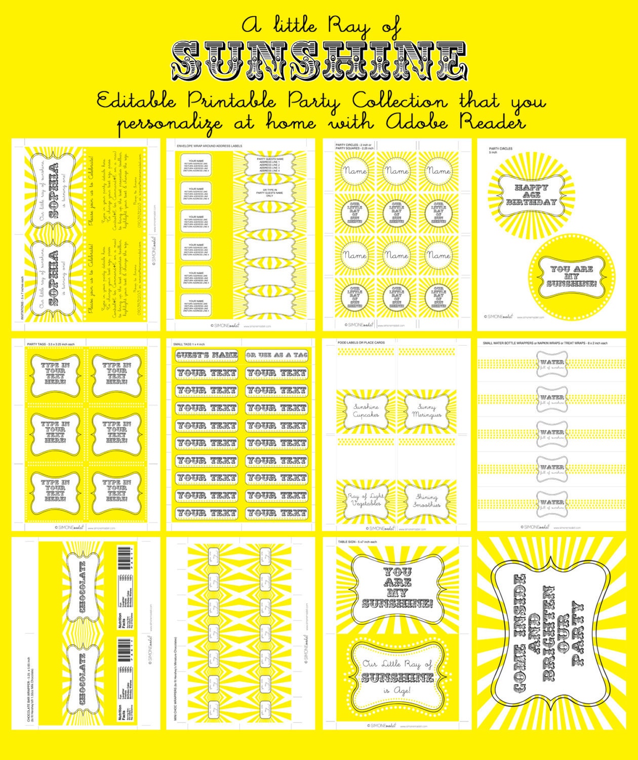 You Are My Sunshine Party Invitation & Printable Party Collection, EDITABLE Text PDF file - you personalize at home with Adobe Reader